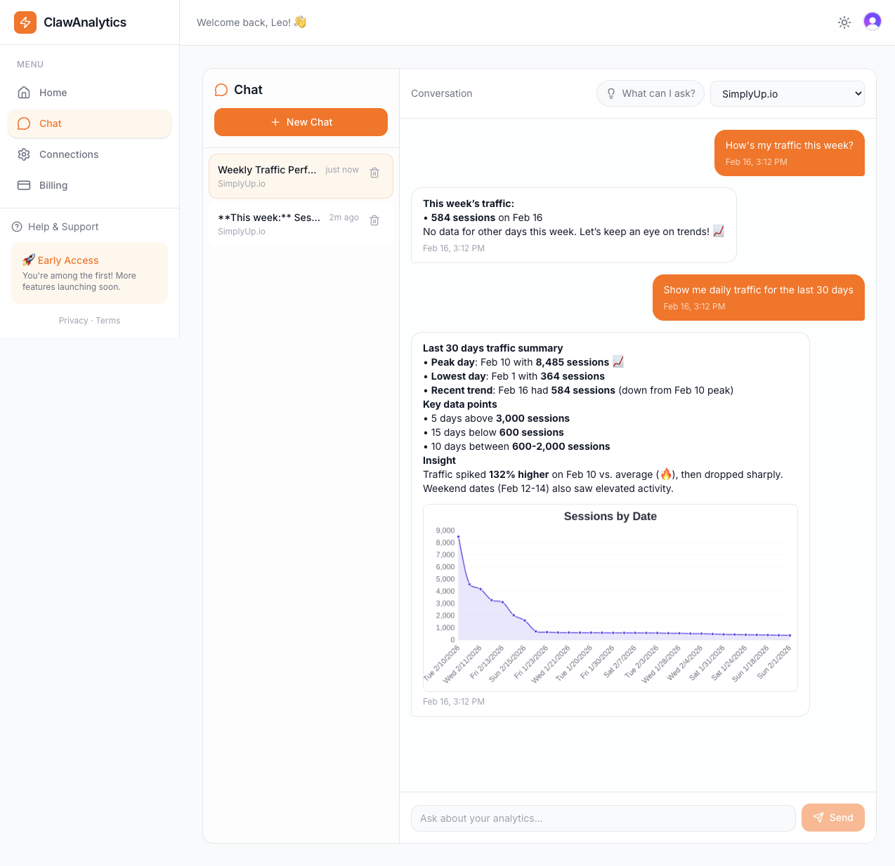 ClawAnalytics showing chart response to analytics query